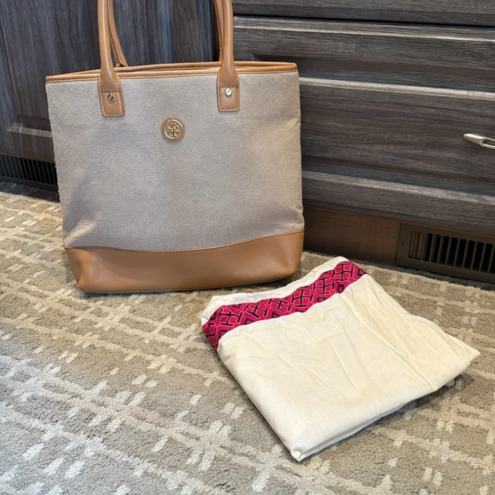 Tory Burch Beige Canvas and Tan Leather Tote
